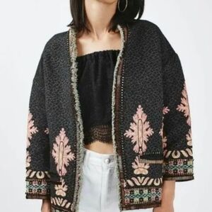 TOPSHOP Beaded Tapestry Open Front Jacket Coat Multicolor Fringe Gorgeous Sz 8
